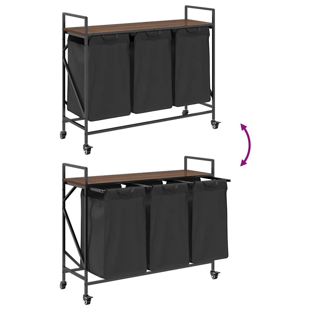 skittentøyskurv 3 rom med hjul brun eik