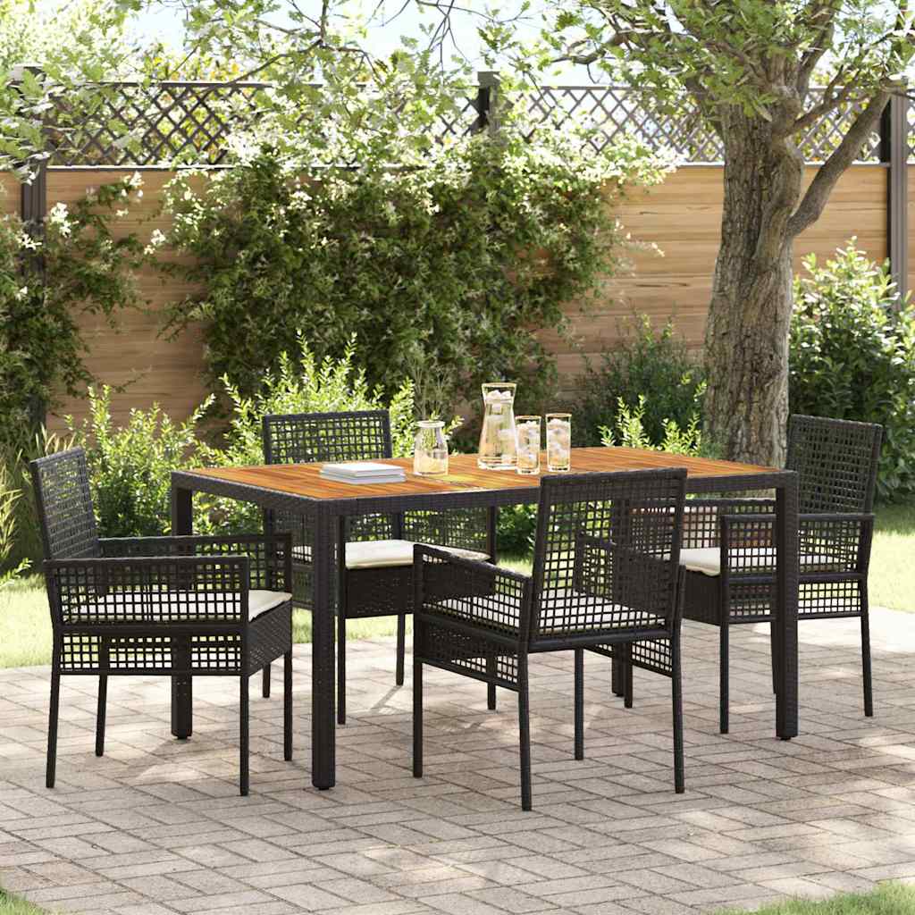5 Delt Hage Spisestue Set med Puter Svart Poly Rattan