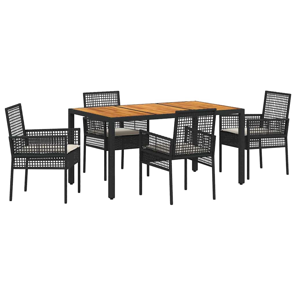 5 Delt Hage Spisestue Set med Puter Svart Poly Rattan