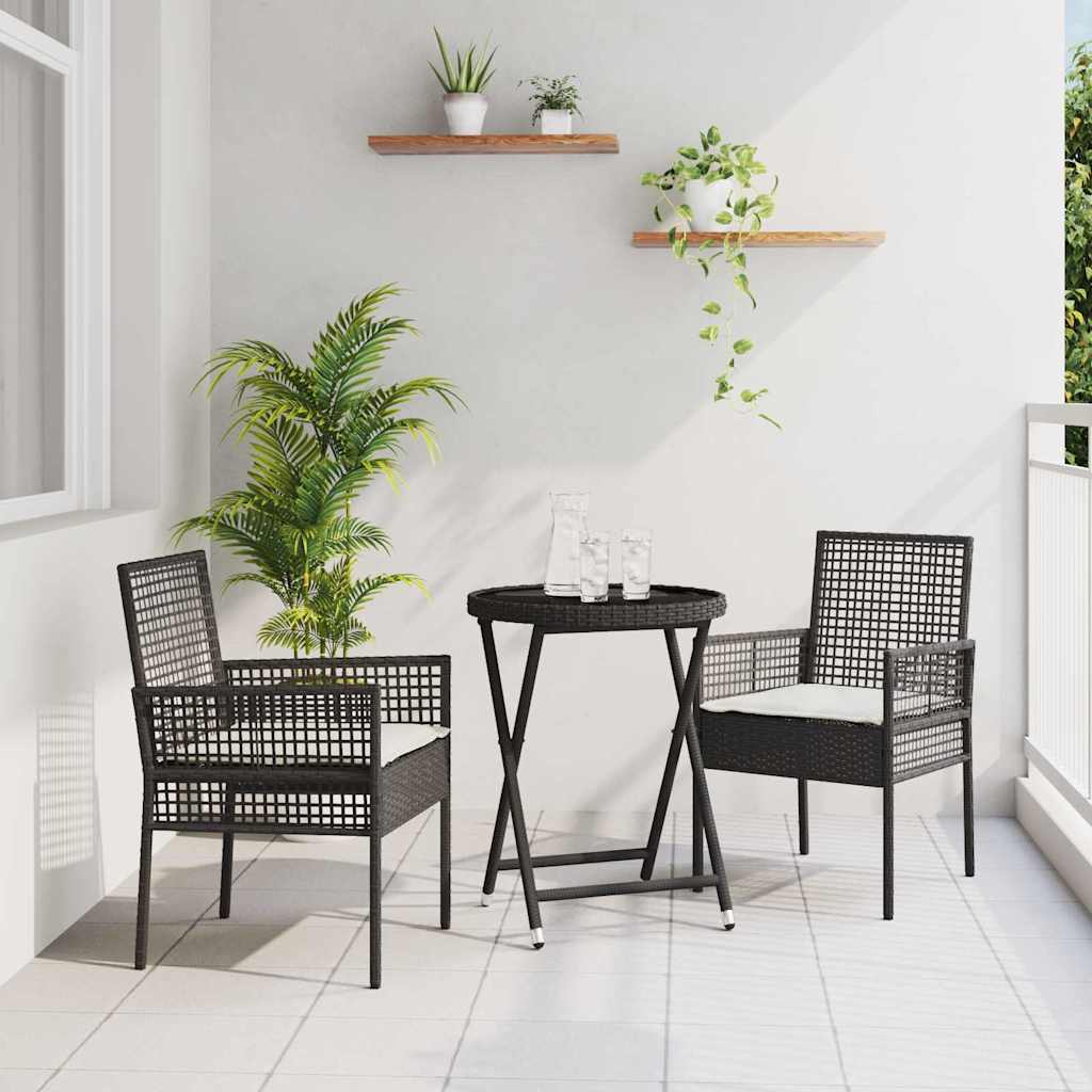 3-delt hage bistro sett med puter svart polyrotting