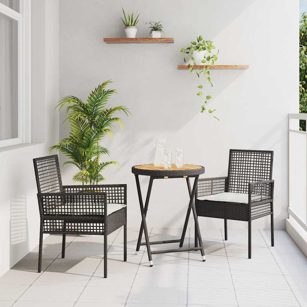3-delers hage bistro sett med puter svart polyrotting