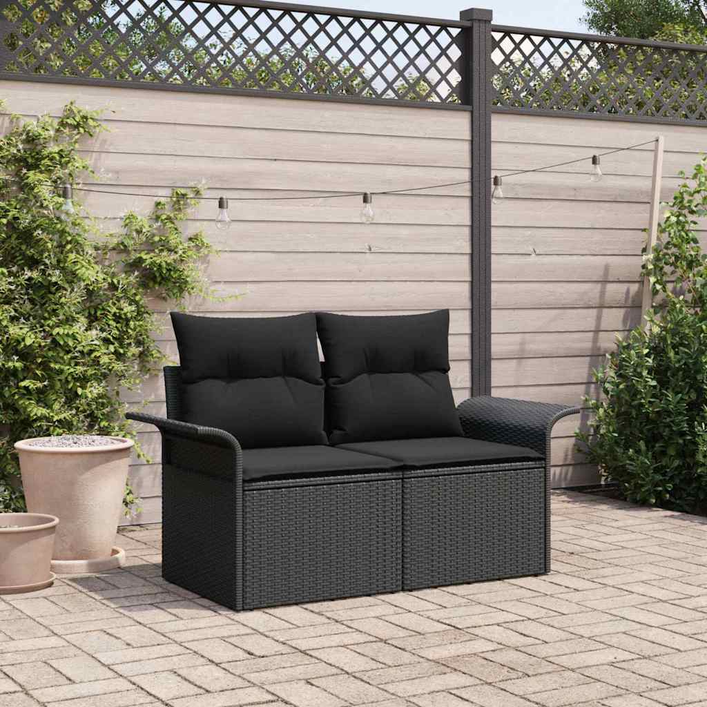 2-seters hagesofa med oppbevaring & puter svart poly rattan