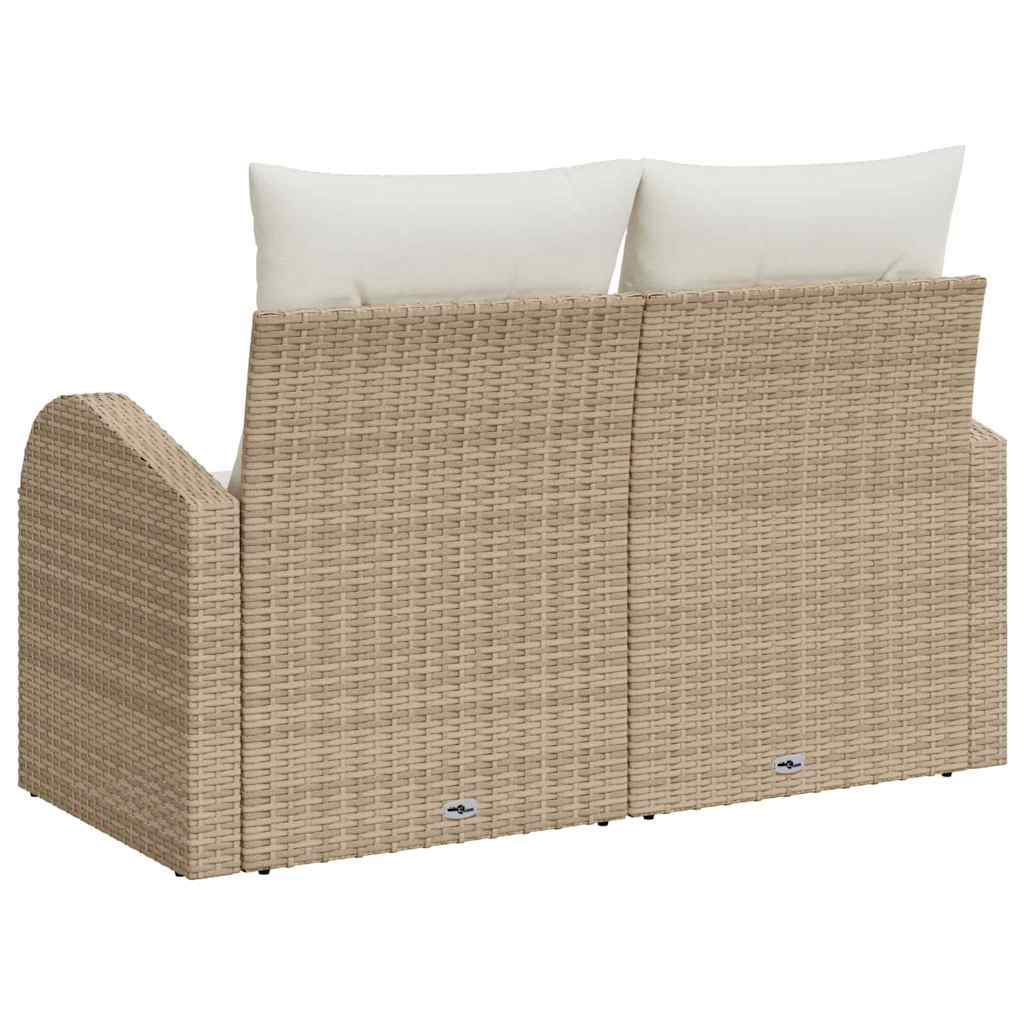 2-seters hagesofa med oppbevaring og puter i beige polyrotting