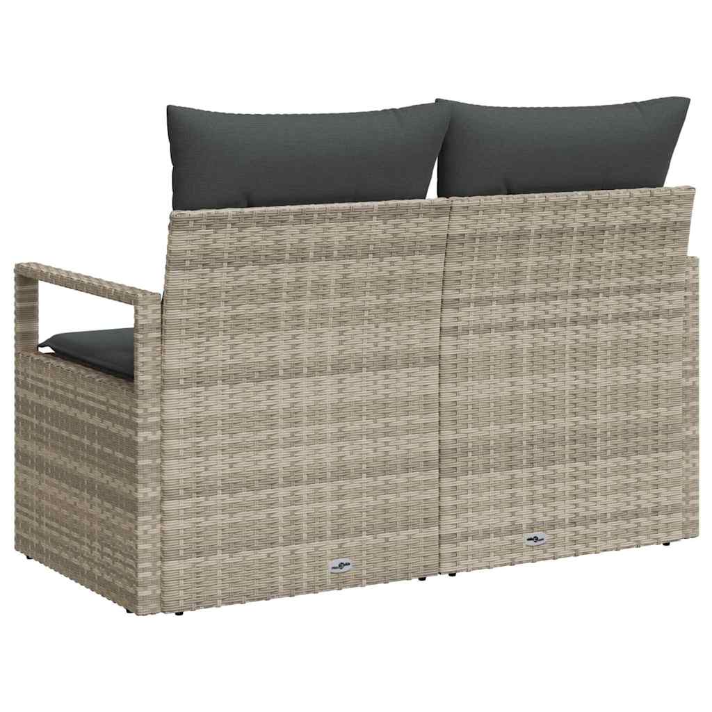2-seters hagesofa med oppbevaring og puter grå poly rattan