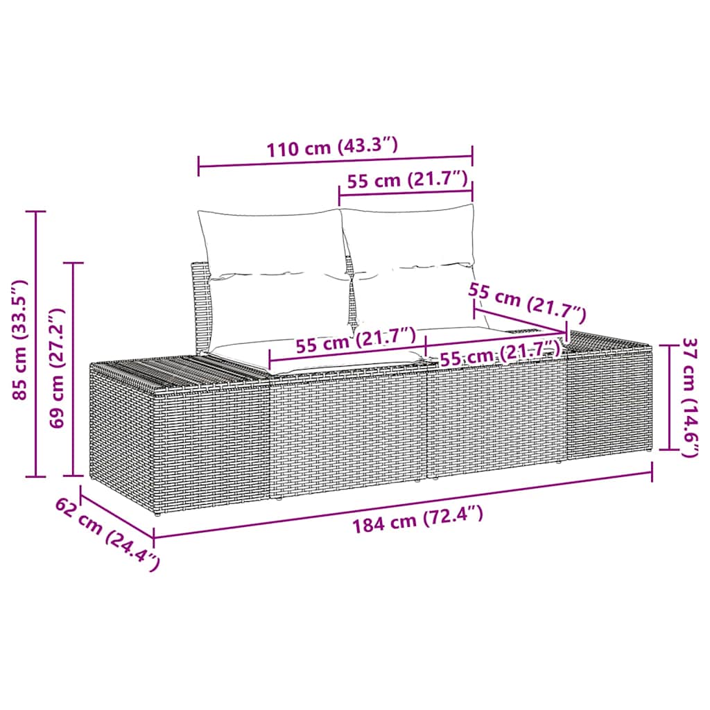 2-seters hage sofa med lagring og puter Grå Poly Rattan