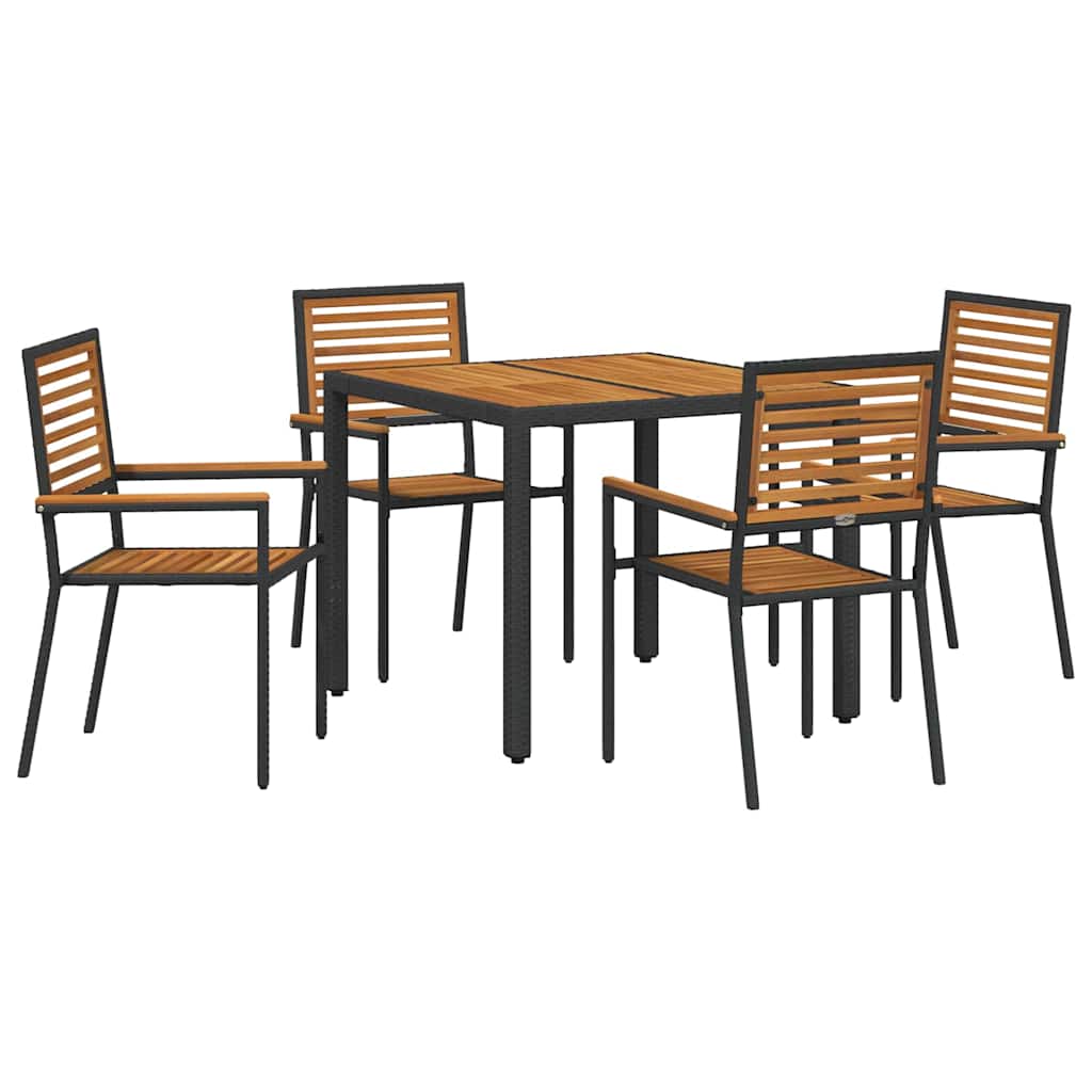 5-delt hagespisesett svart poly rattan akasie