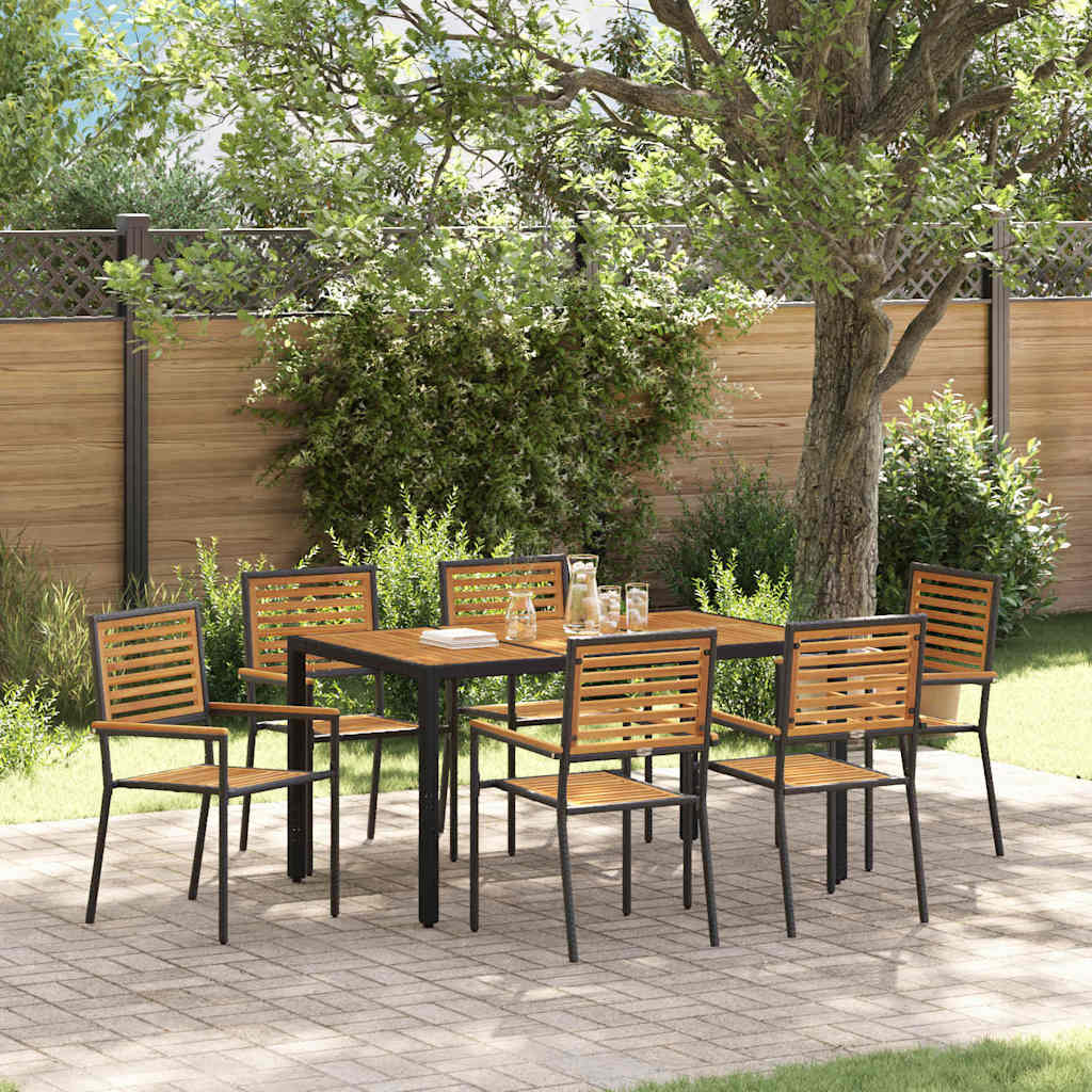 7 Delt Hage Spisegruppe Svart Poly Rattan Akacia