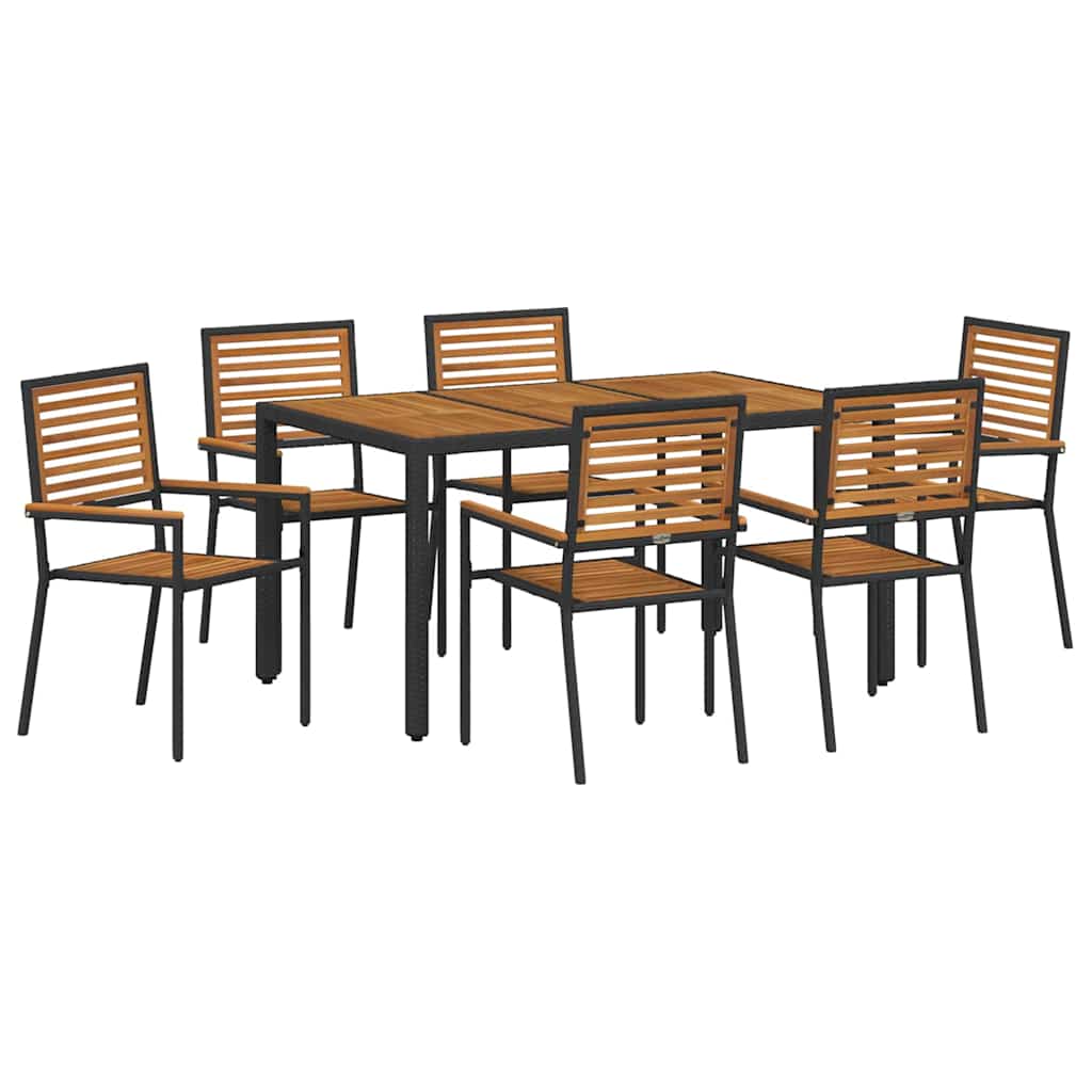 7 Delt Hage Spisegruppe Svart Poly Rattan Akacia
