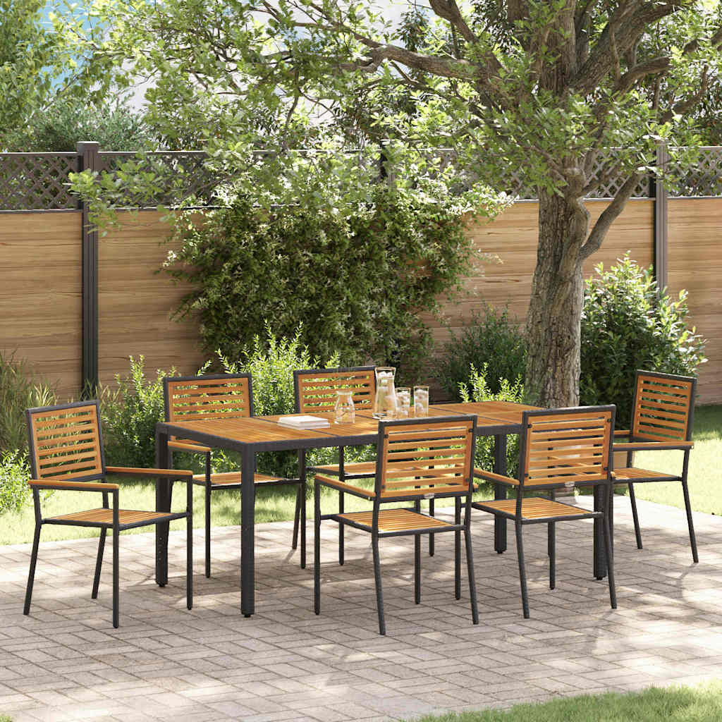 7 Delt Hage Spisebordsett Svart Poly Rattan Akasie