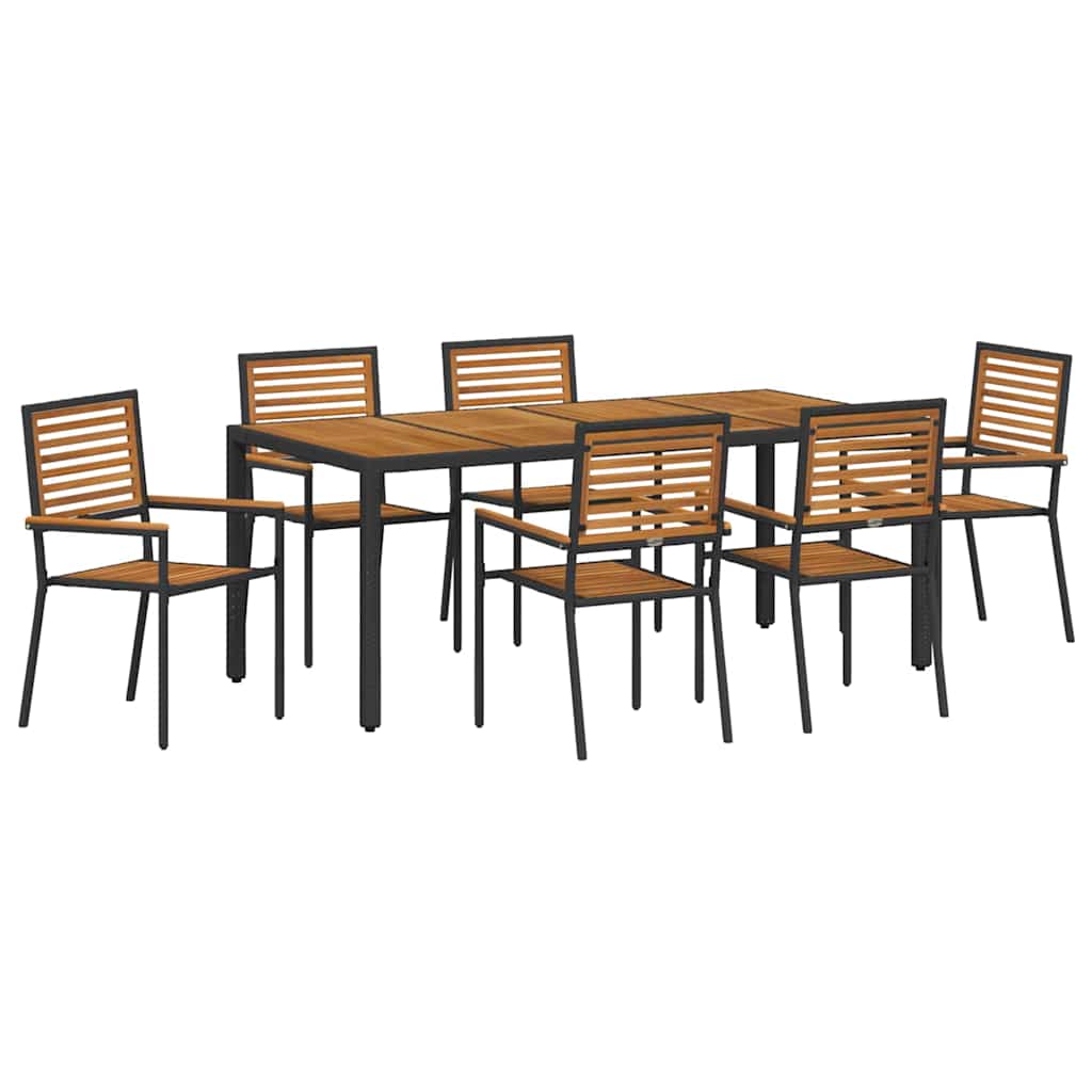 7 Delt Hage Spisebordsett Svart Poly Rattan Akasie