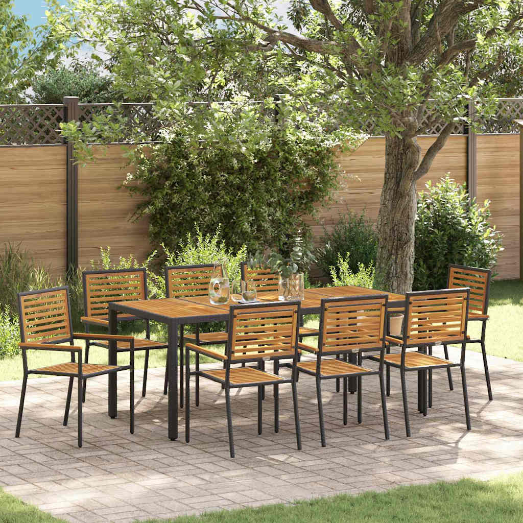 hage spisegruppe med 9 deler Sort Poly Rattan Akasia