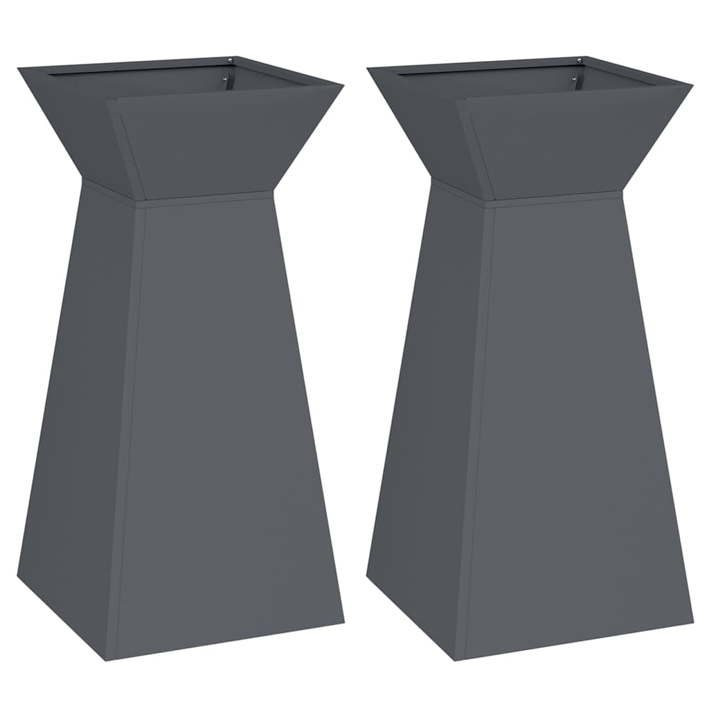 Hage søyle plantekrukker, 2 stk med skål, antrasitt 35x35x73 cm, stål.