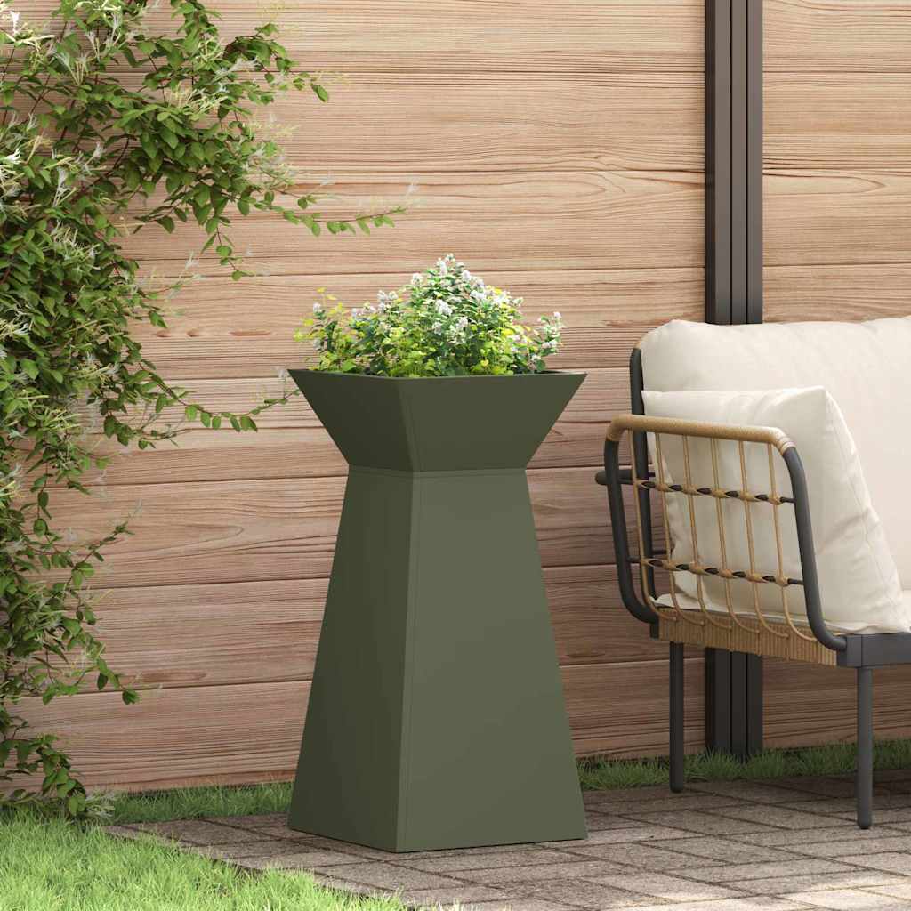 Hagepilar Plantepotter 2 stk med Bolle i Olivengrønn, 35x35x73 cm, Stål.