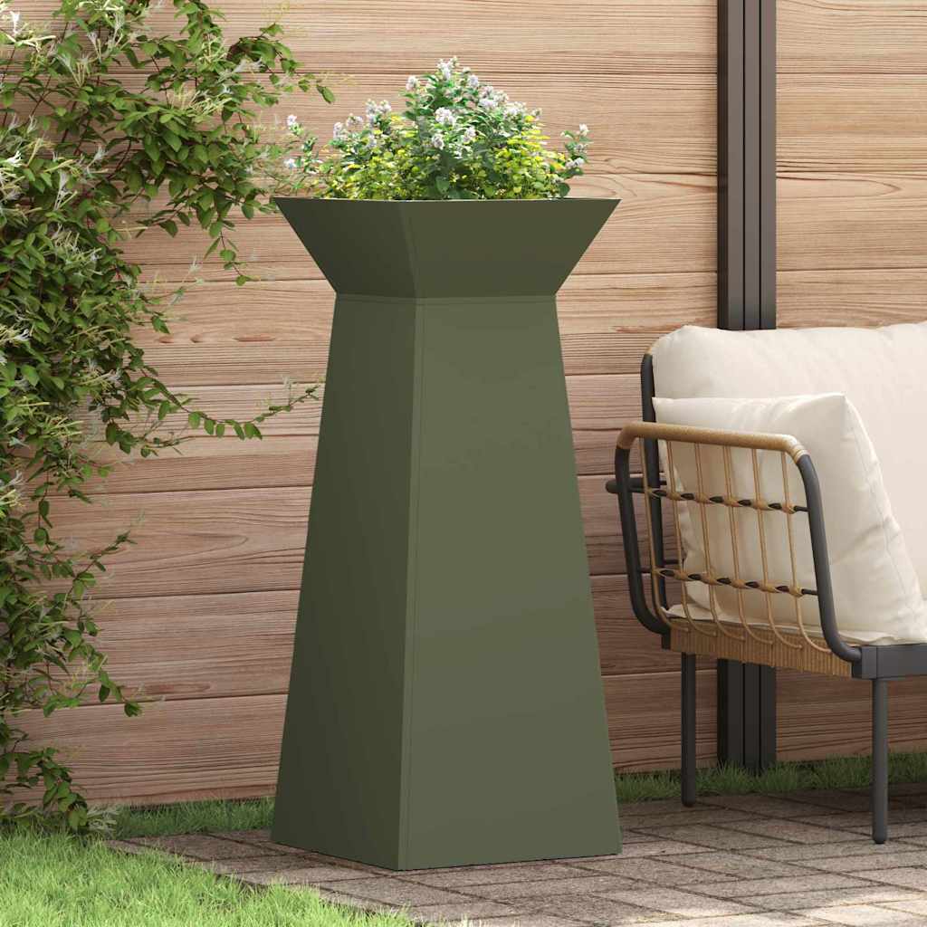 Hagepilarplantere 2 stk med skål olivengrønn 40x40x100 cm i stål.