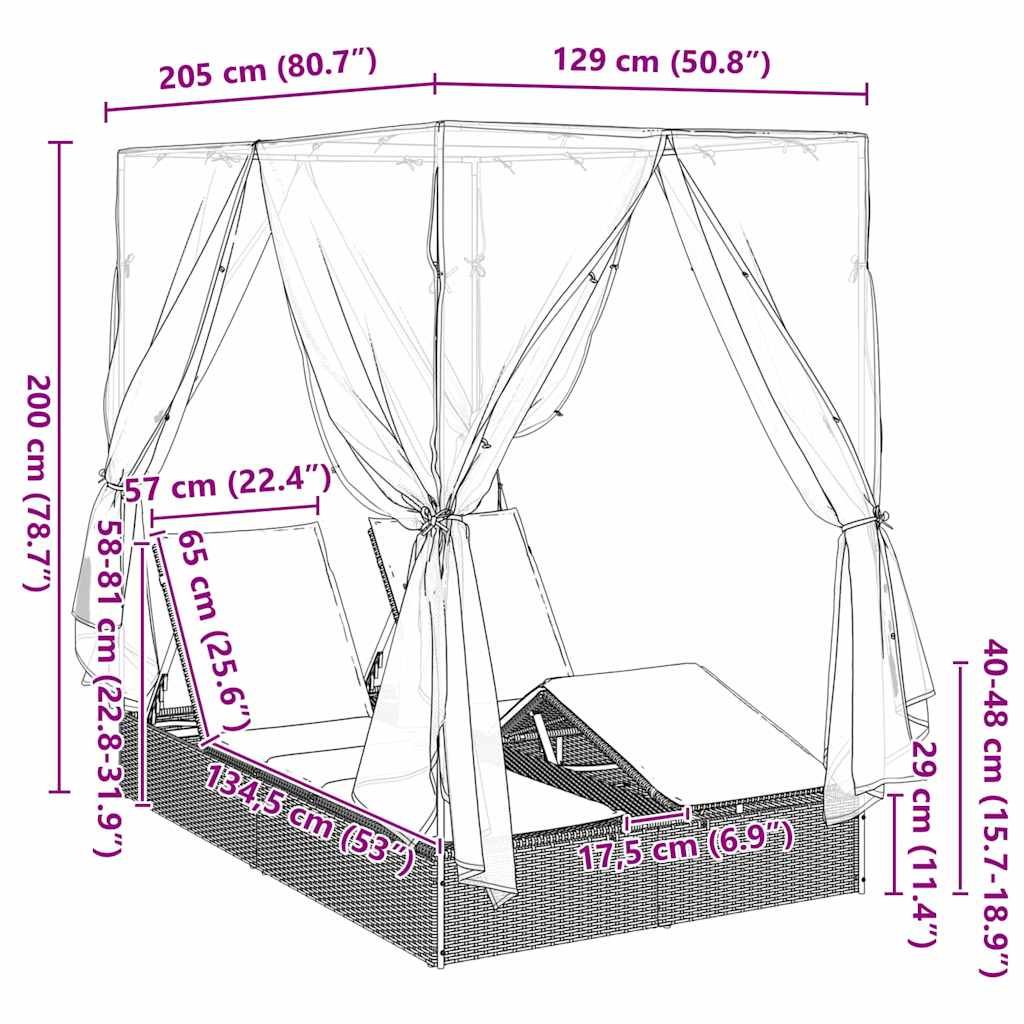 Dobbel Solseng med Tak Brun 205 x 129 x 200 cm PE rattan