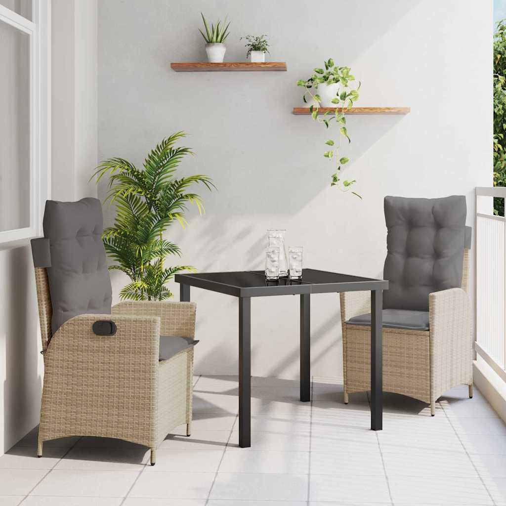 3-delt hage spisebordsett med puter – beige poly rattan.