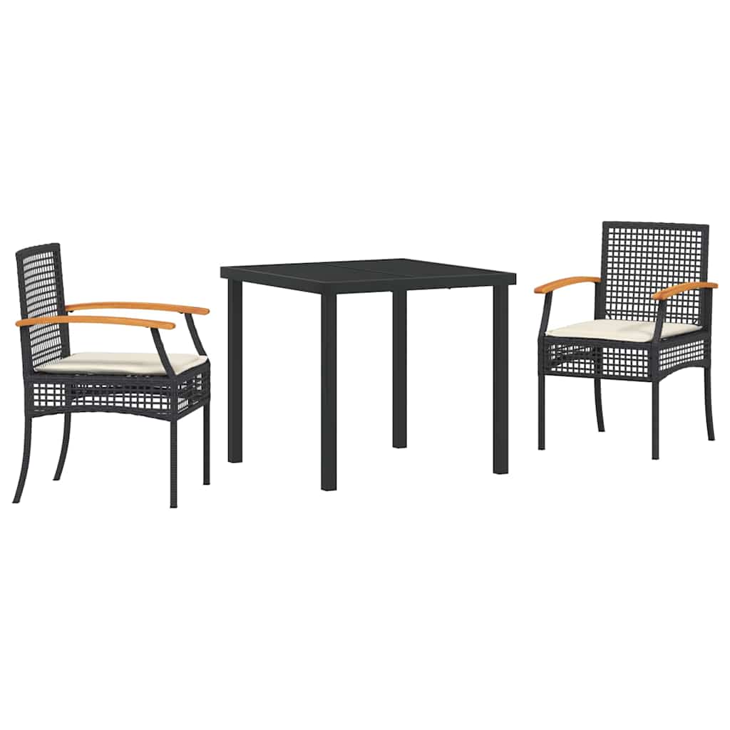 3-delt hage spise sett med puter, svart poly-rattan