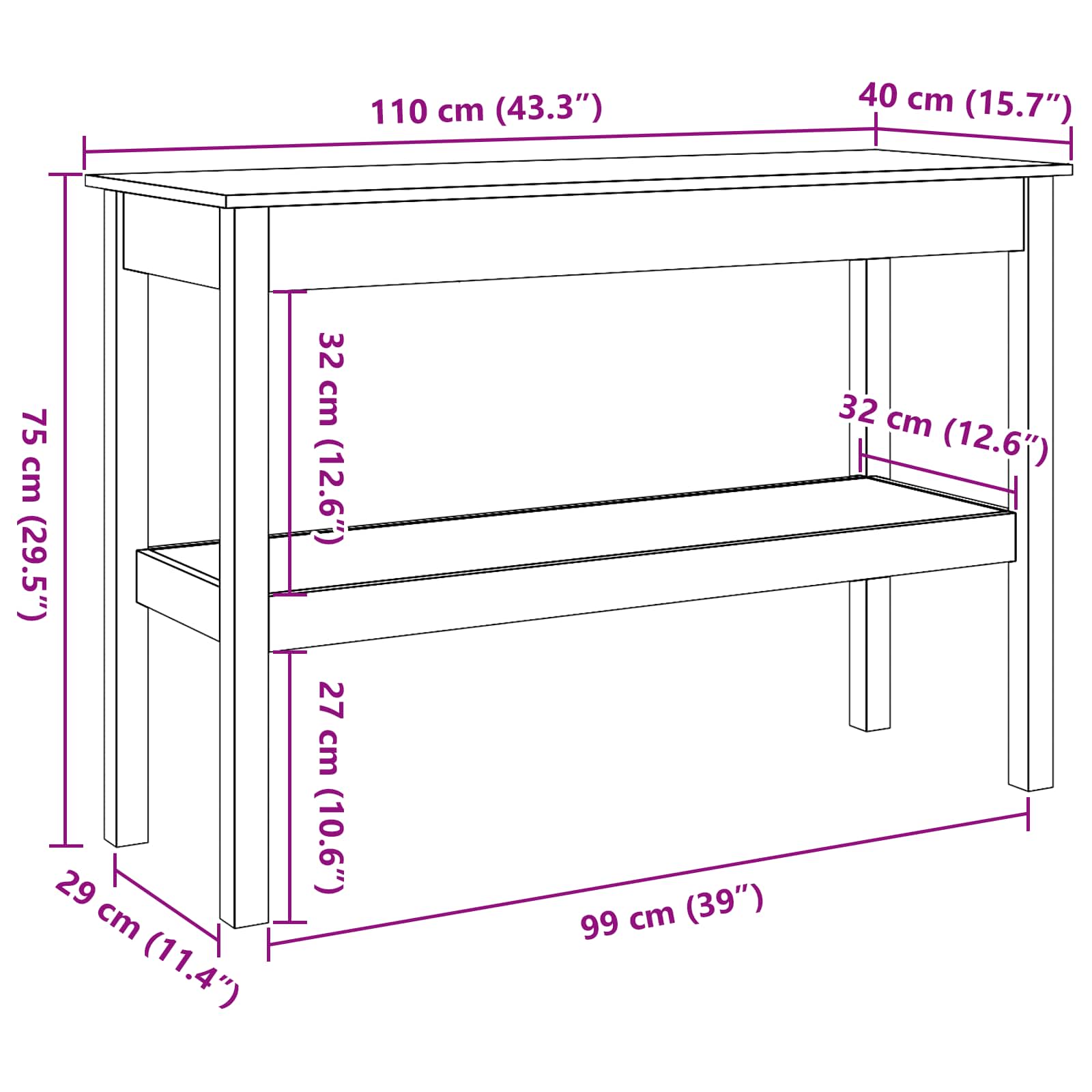 Konsollbord med hylle Voksbrun 110 x 40 x 75 cm Heltre furu