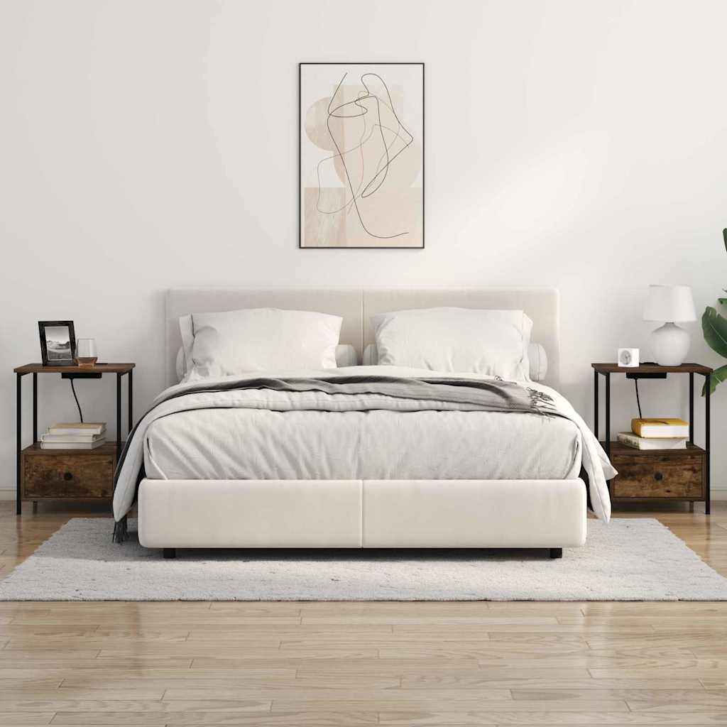 Nattbord med ladestasjon med skuff Røkt eik Konstruert tre