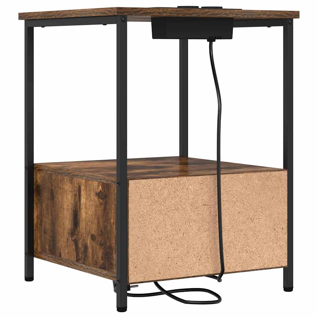 Nattbord med ladestasjon med skuff Røkt eik Konstruert tre