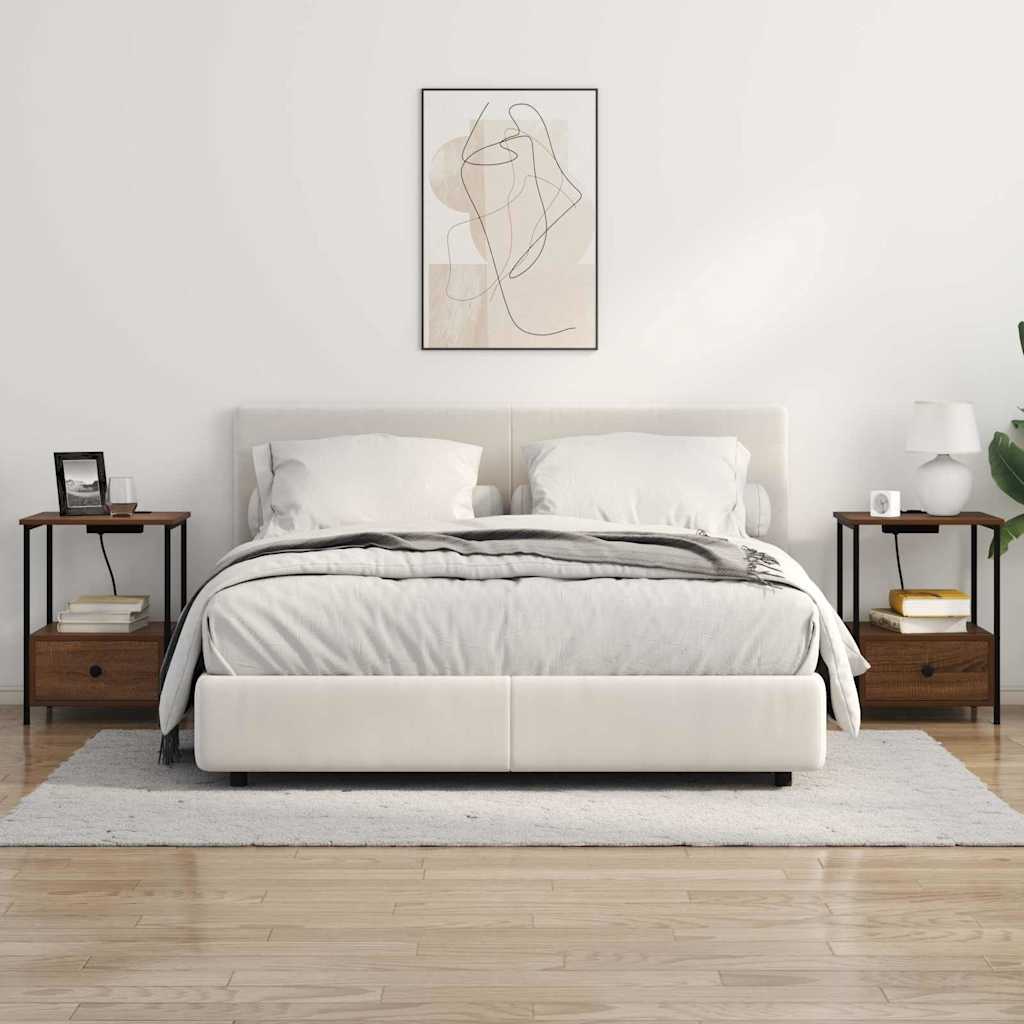 Nattbord med ladestasjon med skuff brun eik Konstruert tre