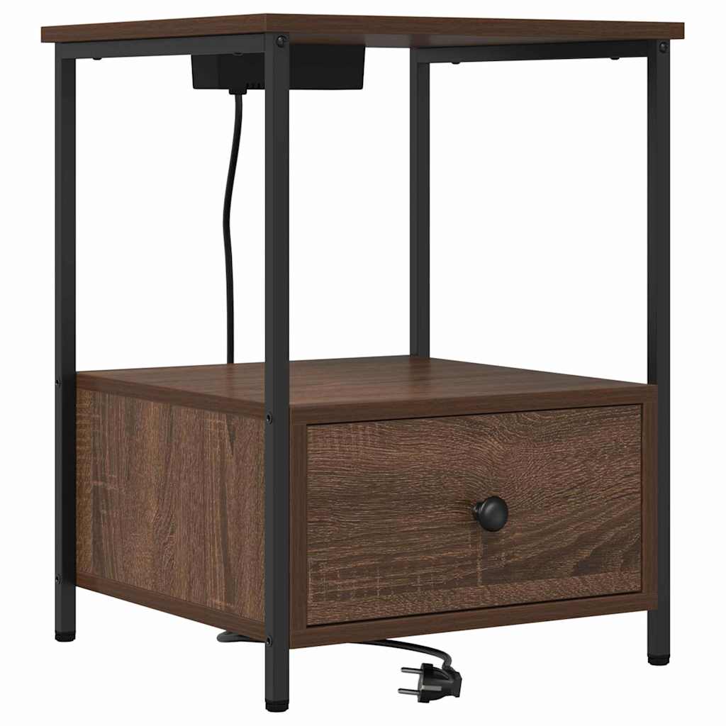 Nattbord med ladestasjon med skuff brun eik Konstruert tre