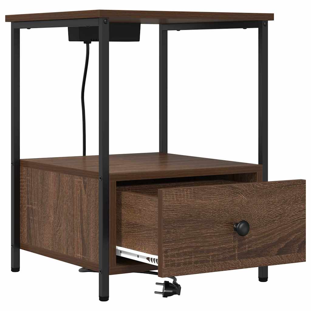 Nattbord med ladestasjon med skuff brun eik Konstruert tre