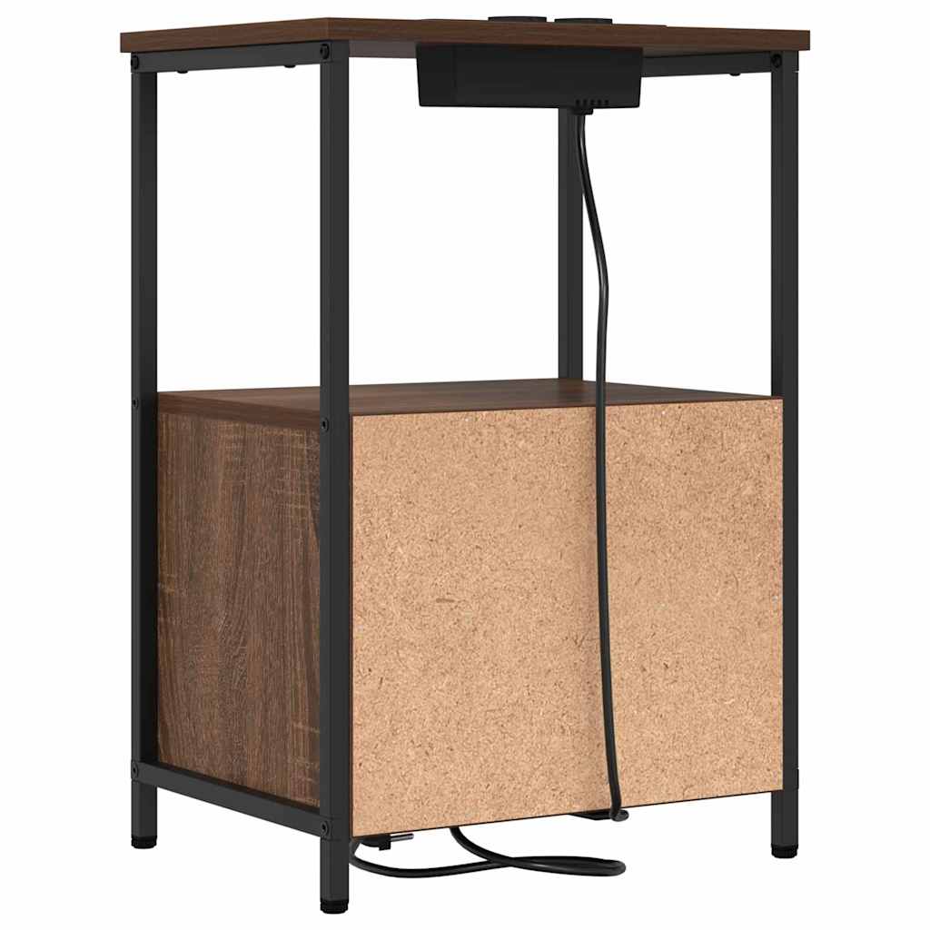 Nattbord med ladestasjon med skuff brun eik Konstruert tre