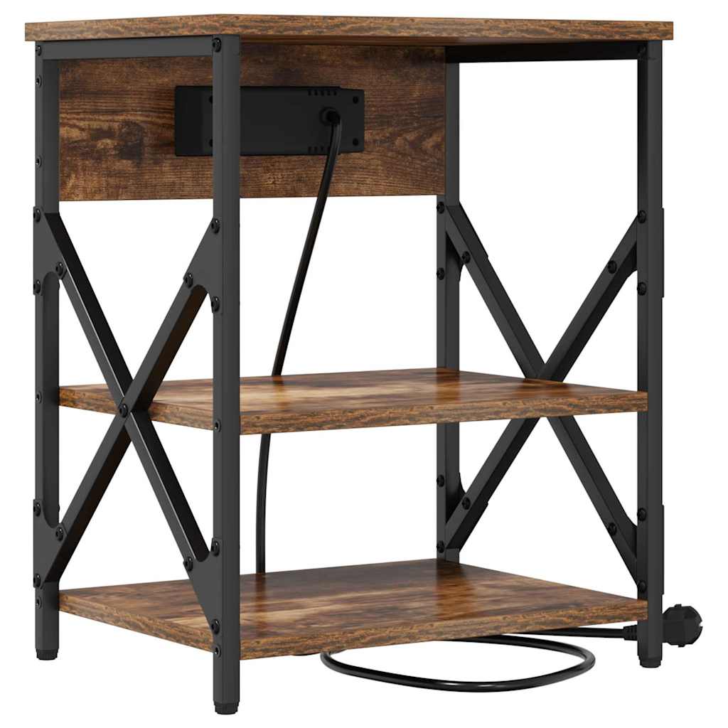 Nattbord med ladestasjon med hylle Røkt eik Konstruert tre