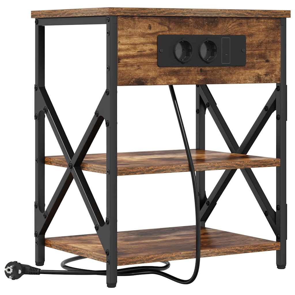 Nattbord med ladestasjon med hylle Røkt eik Konstruert tre