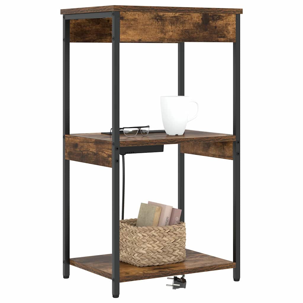 Nattbord med ladestasjon med hylle Røkt eik Konstruert tre