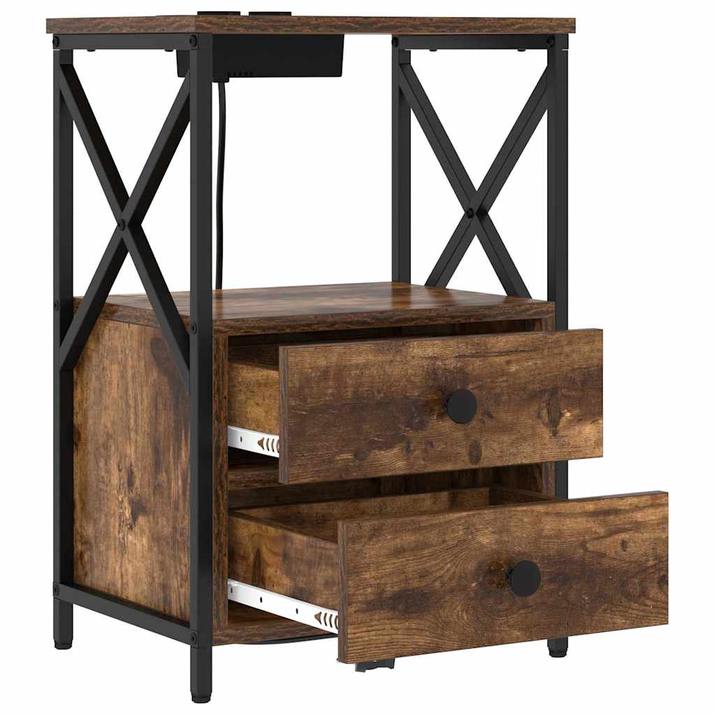 Nattbord med ladestasjon med skuff Røkt eik Konstruert tre