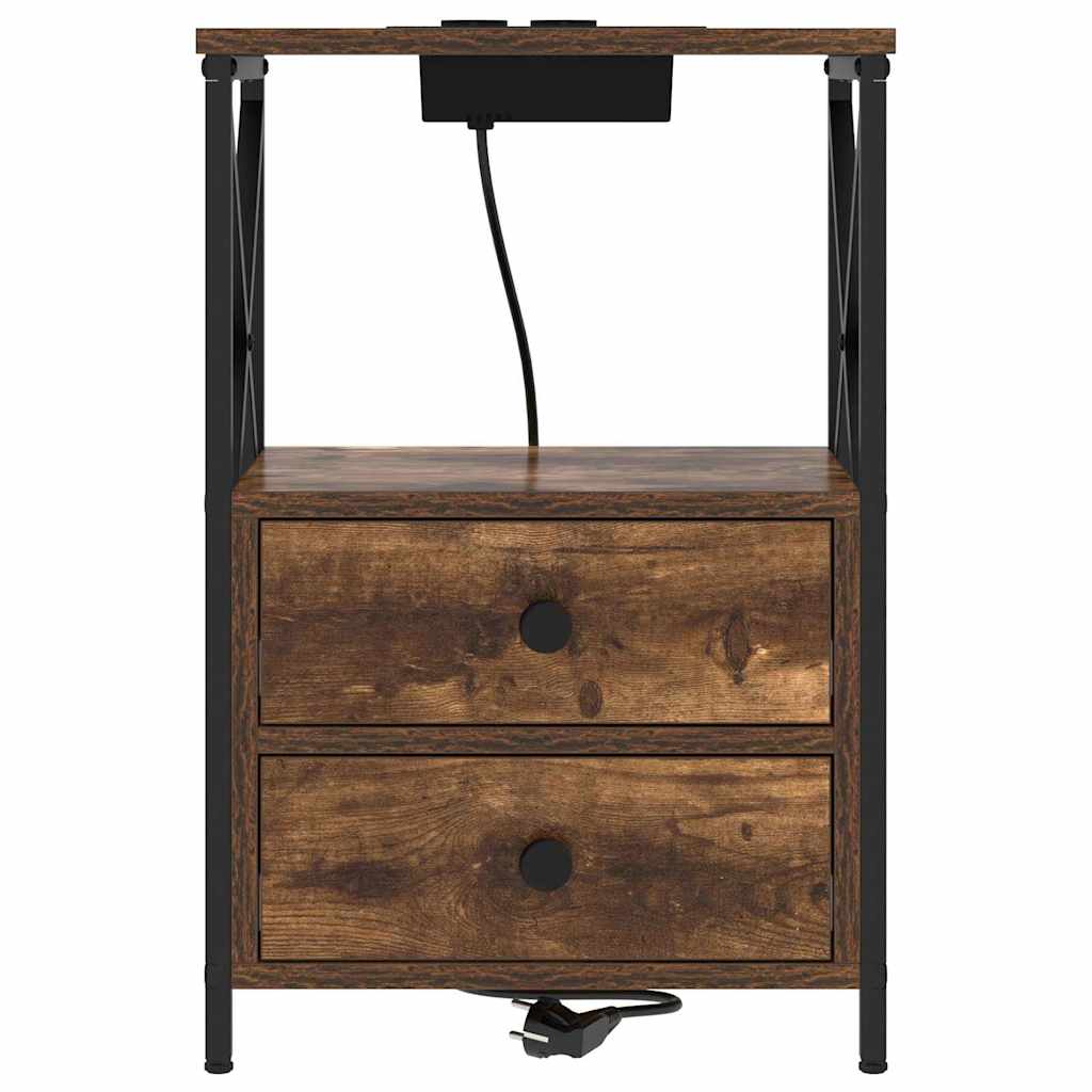 Nattbord med ladestasjon med skuff Røkt eik Konstruert tre