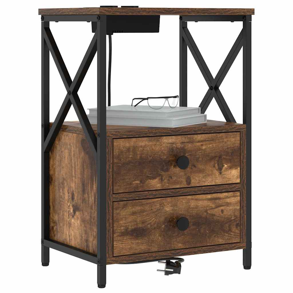 Nattbord med ladestasjon med skuff Røkt eik Konstruert tre