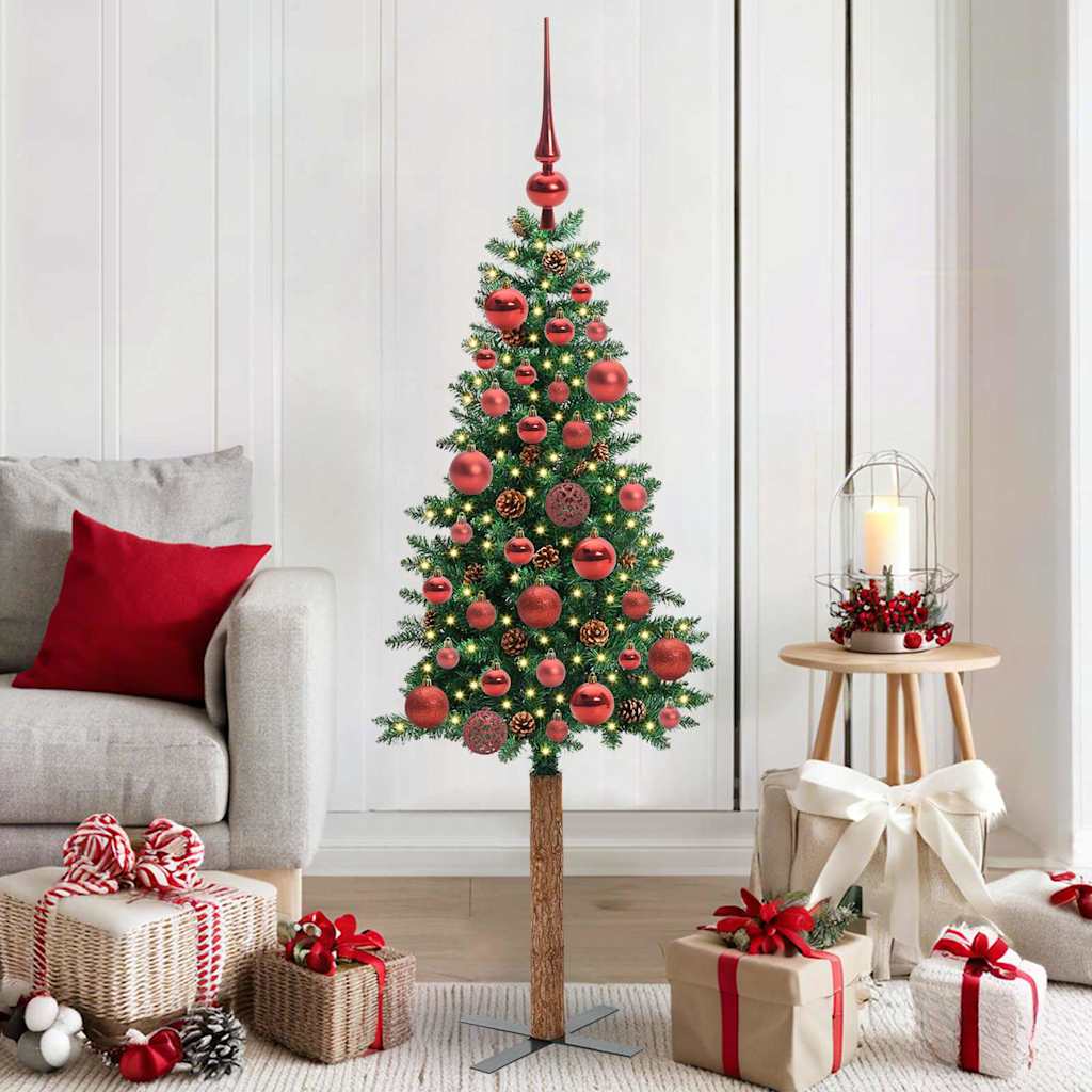 Slim juletre med 150 LED grønn 150 cm PVC og Massivt Furu tre