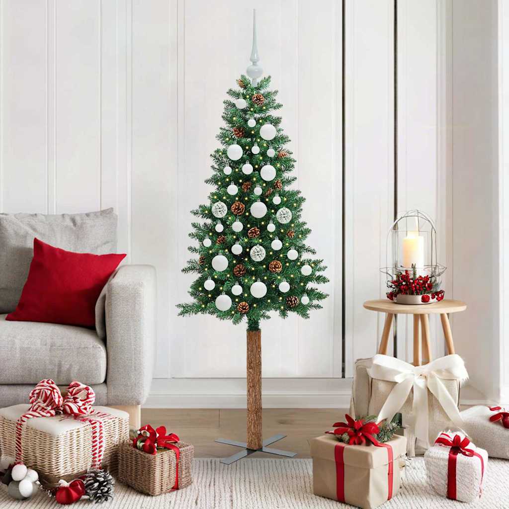 Slim juletre med 150 LED grønn 150 cm PVC og Massivt Furu tre