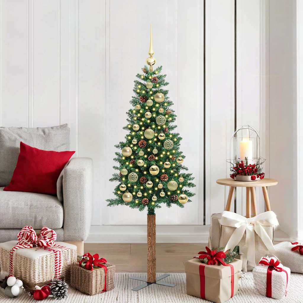 Slim juletre med 150 LED grønn 150 cm PVC og Massivt Furu tre