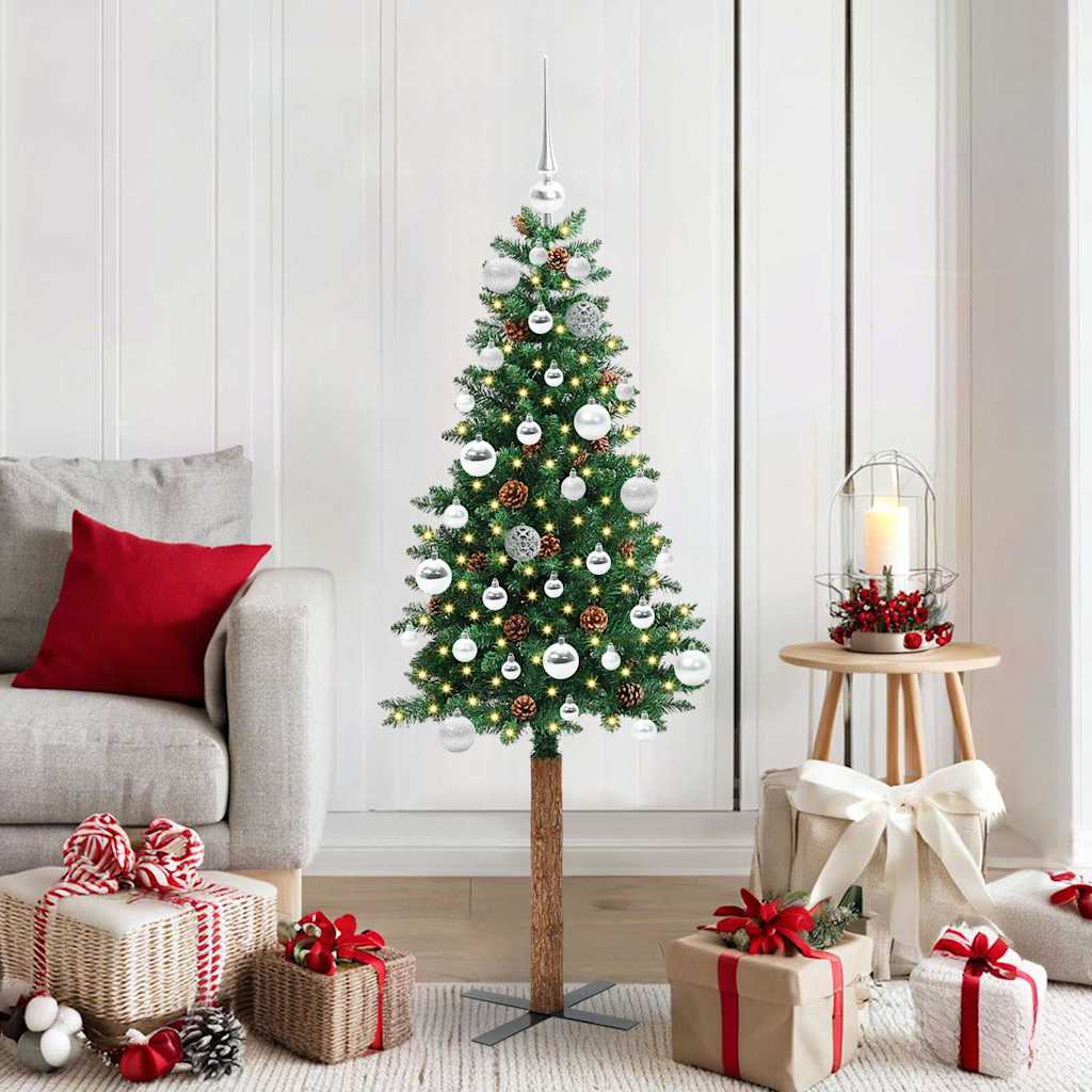 Slim juletre med 150 LED grønn 150 cm PVC og Massivt Furu tre