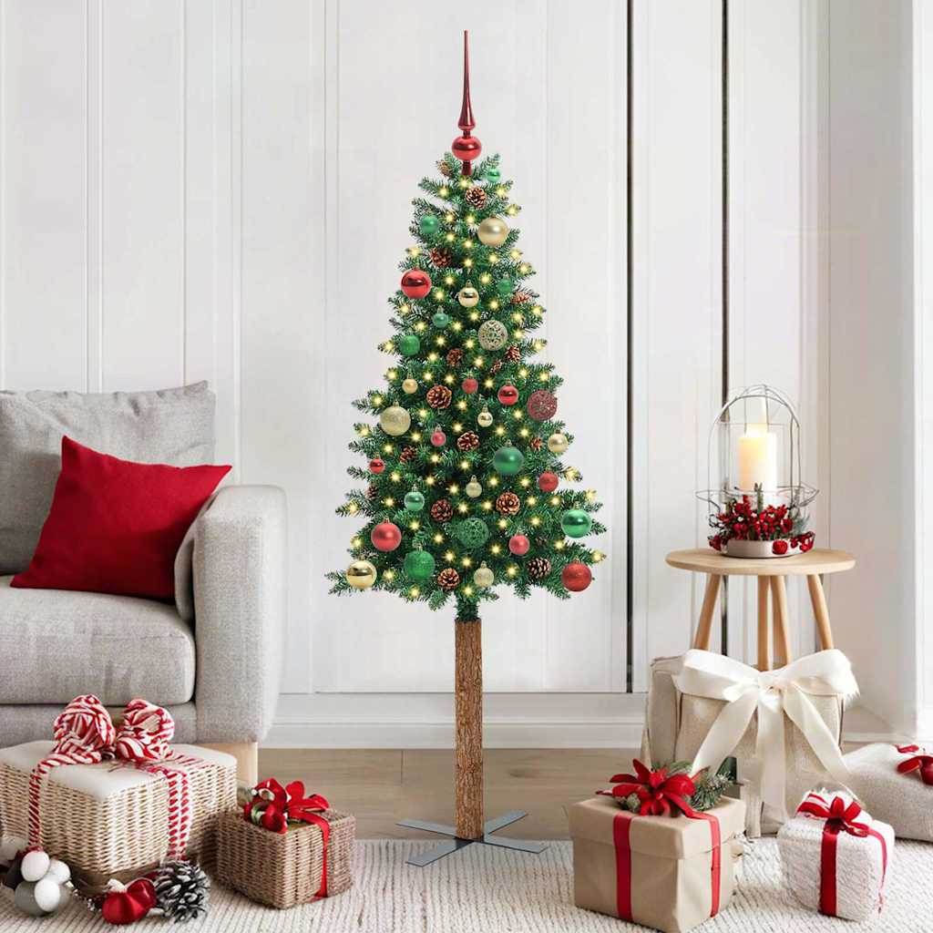 Slim juletre med 150 LED grønn 150 cm PVC og Massivt Furu tre