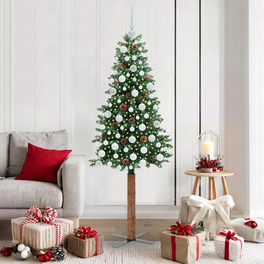 Slim juletre med 300 LED grønn 180 cm PVC og Massivt Furu tre