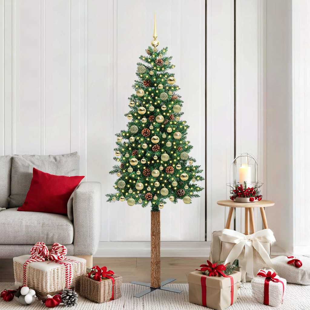 Slim juletre med 300 LED grønn 180 cm PVC og Massivt Furu tre