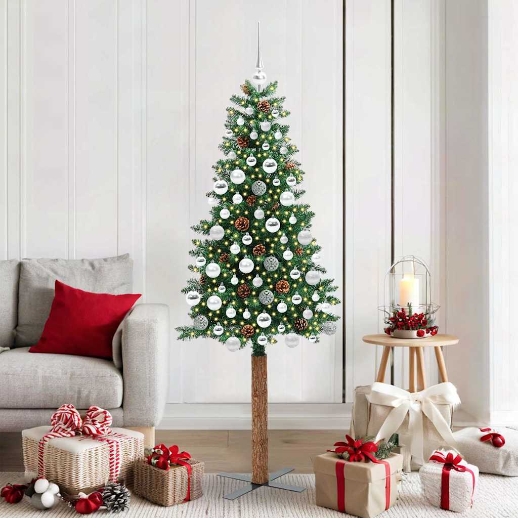 Slim juletre med 300 LED grønn 180 cm PVC og Massivt Furu tre