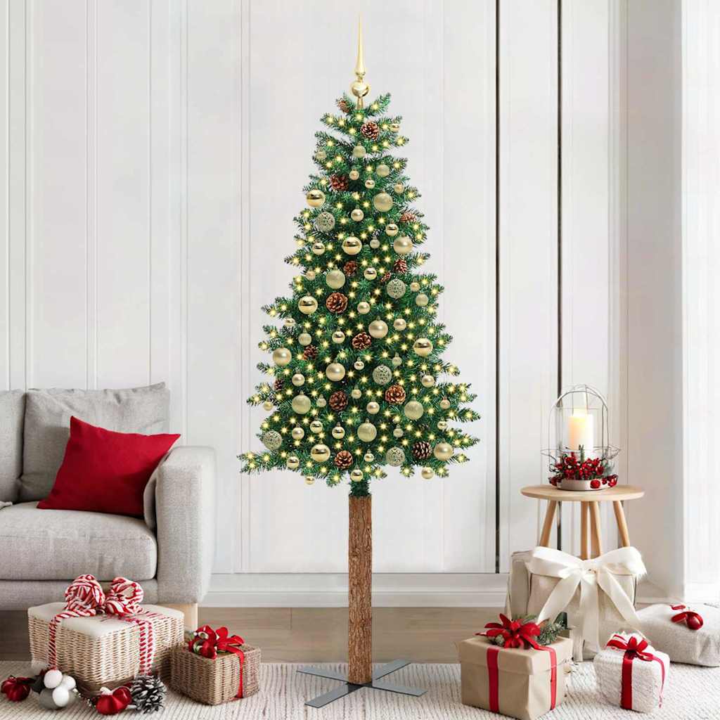 Slim juletre med 300 LED grønn 210 cm PVC og Massivt Furu tre