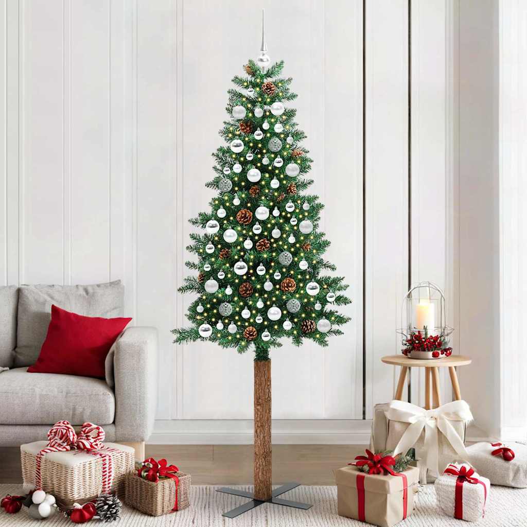 Slim juletre med 300 LED grønn 210 cm PVC og Massivt Furu tre