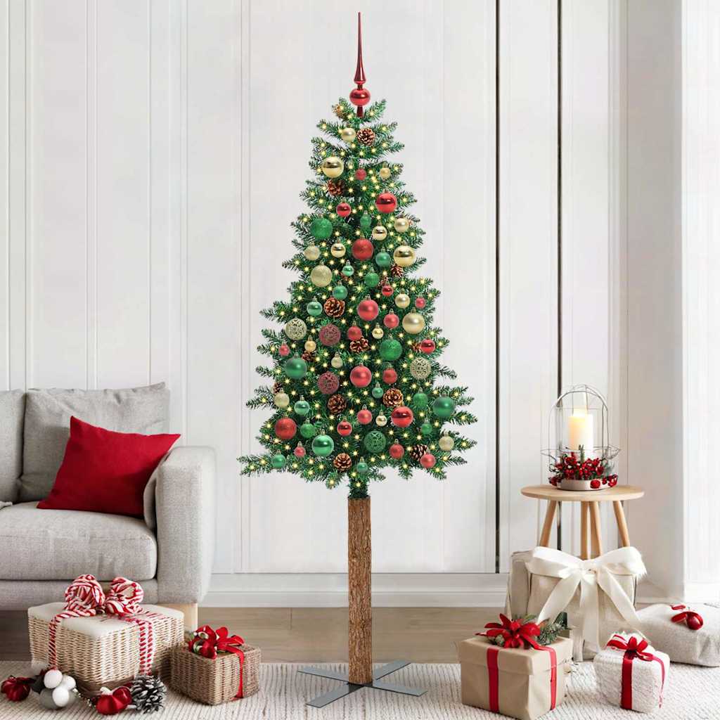 Slim juletre med 300 LED grønn 210 cm PVC og Massivt Furu tre
