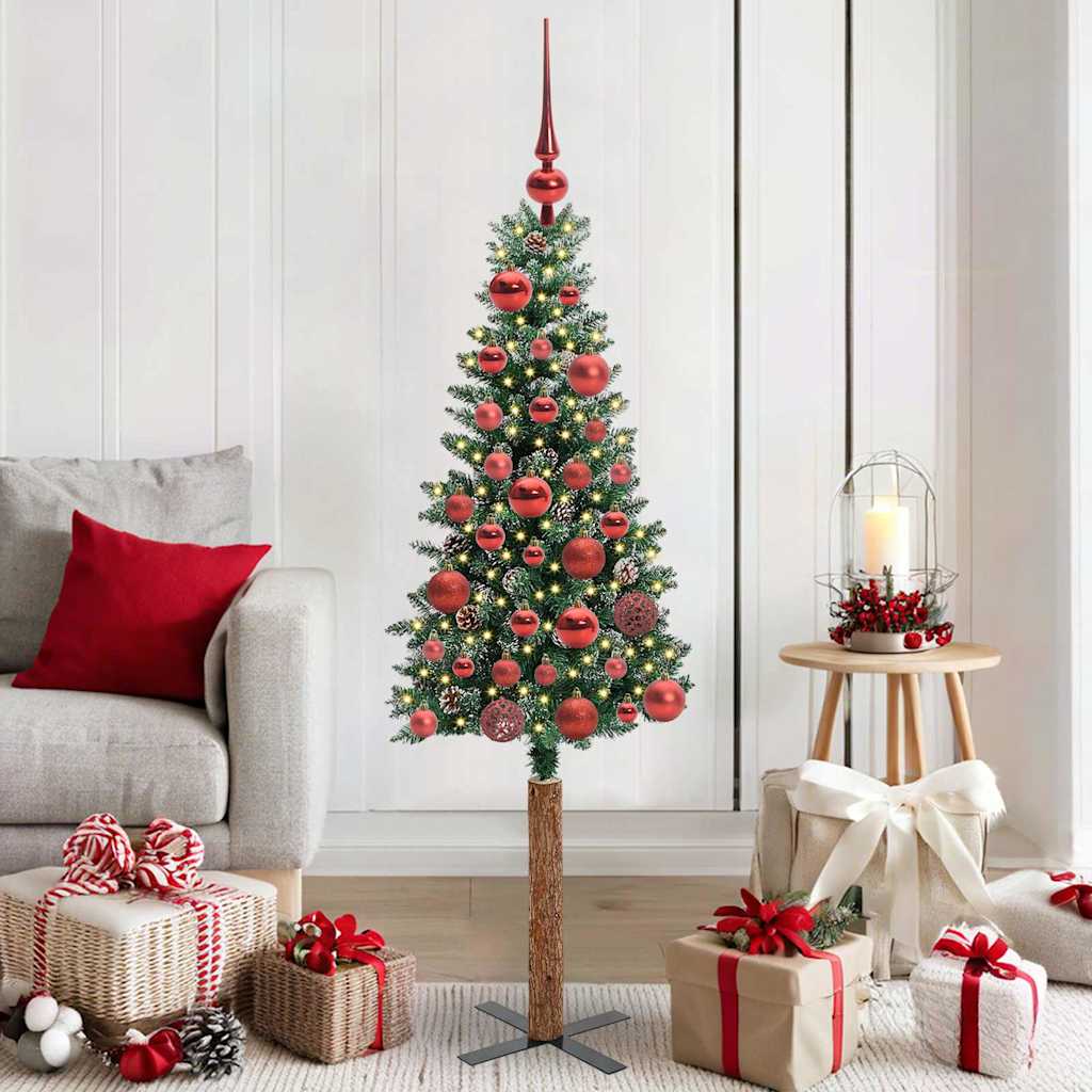 Slim juletre Grønn og hvit 150 cm PVC og Massivt Furu tre