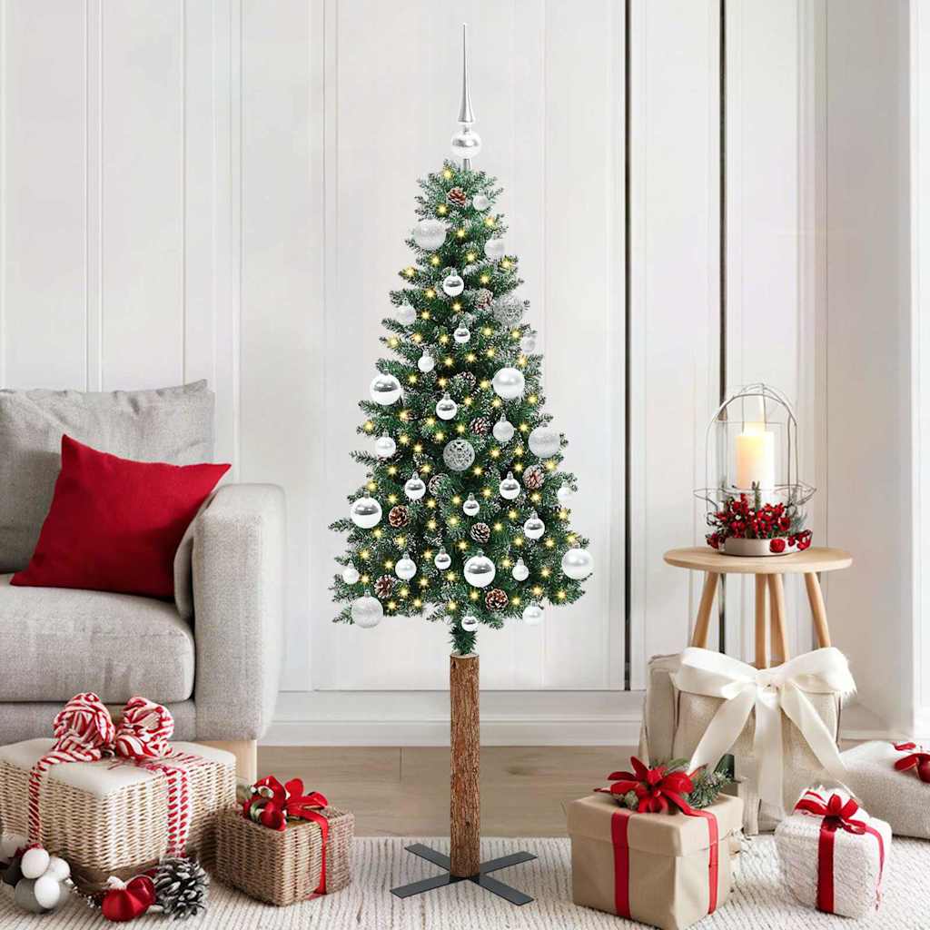 Slim juletre Grønn og hvit 150 cm PVC og Massivt Furu tre