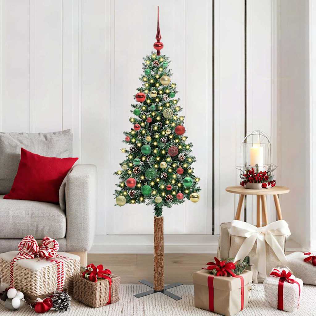 Slim juletre Grønn og hvit 150 cm PVC og Massivt Furu tre