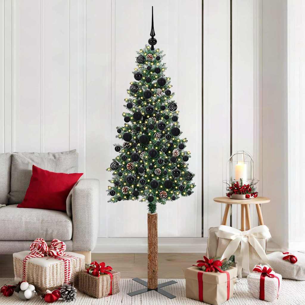 Slim juletre Grønn og hvit 180 cm PVC og Massivt Furu tre