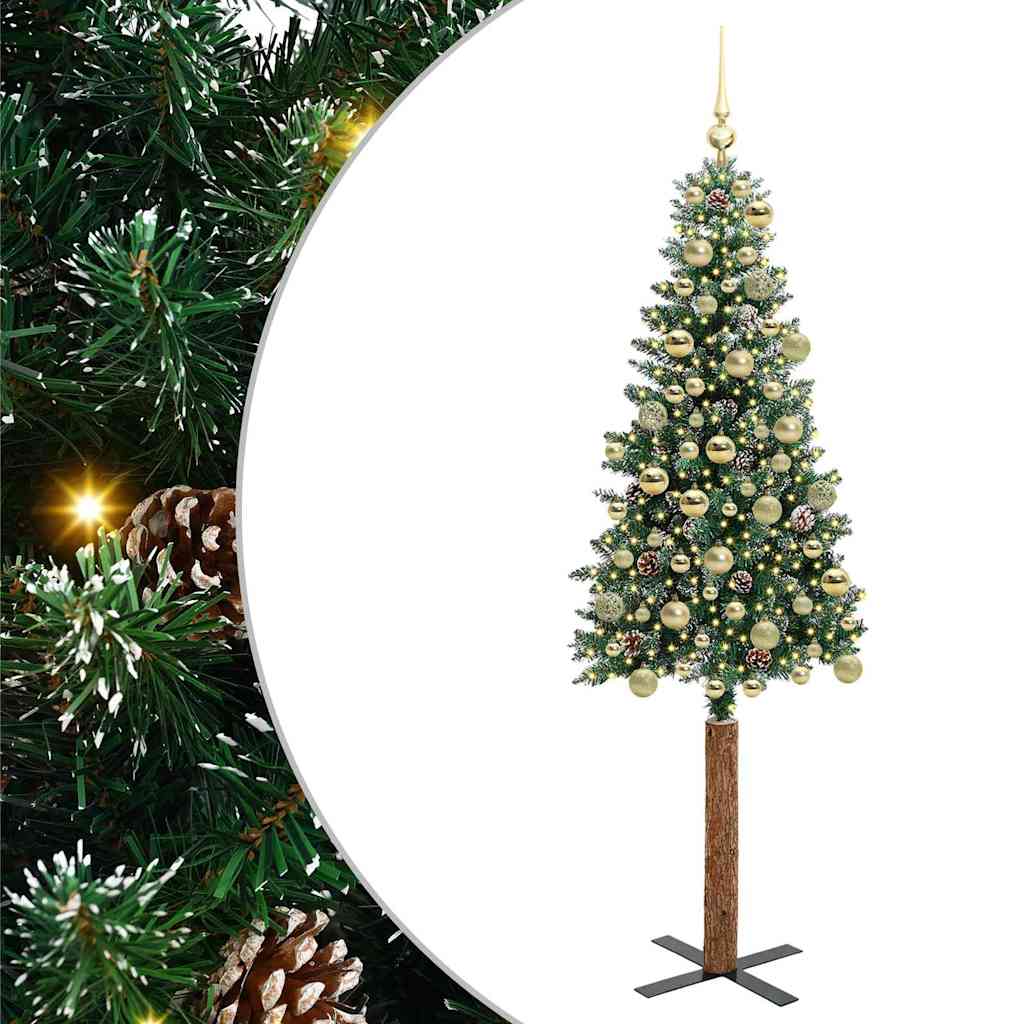 Slim juletre Grønn og hvit 180 cm PVC og Massivt Furu tre